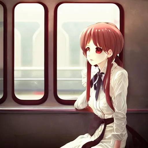 Prompt: portrait of the lone girl sitting in train carriage, anime fantasy illustration by tomoyuki yamasaki, kyoto studio, madhouse, ufotable, trending on artstation