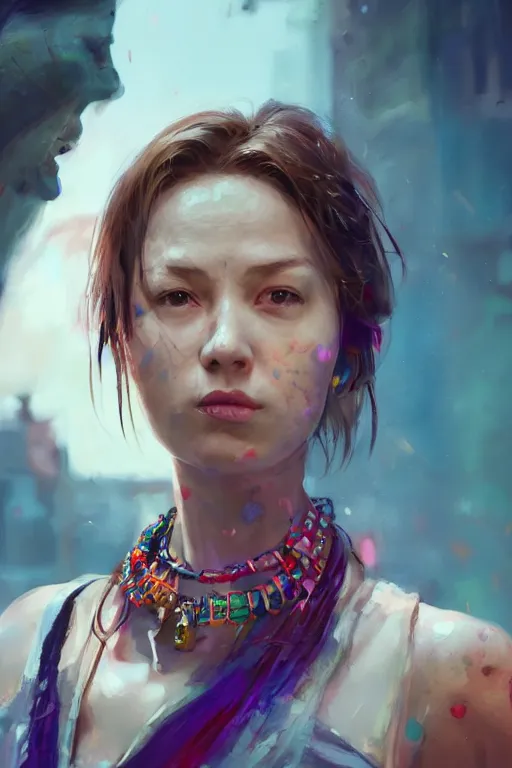 Image similar to A portrait of a women wearing colourful jewelry by Greg Rutkowski, Sung Choi, Mitchell Mohrhauser, Maciej Kuciara, Johnson Ting, Maxim Verehin, Peter Konig, Resident evil , 8k photorealistic, cinematic lighting, HD, high details, dramatic, atmospheric , trending on artstation