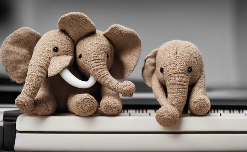 Image similar to cute elephant toy sitting on top of a piano, 33mm, 4k