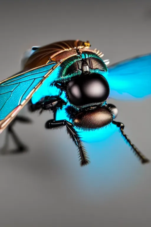 Image similar to high quality macro robot metallic tachinid fly! gorgeous highly detailed hannah yata elson peter cinematic turquoise lighting high quality low angle hd 8k sharp shallow depth of field