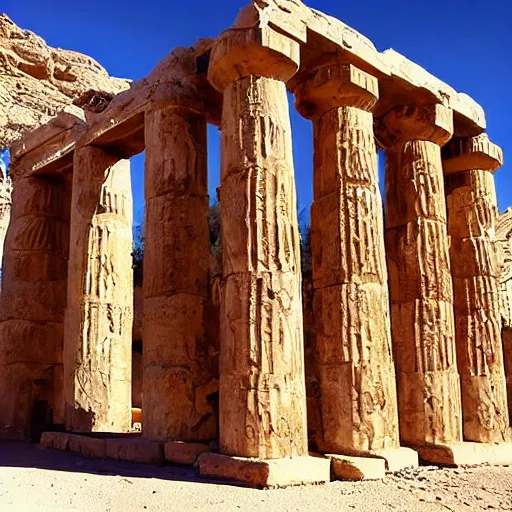 Image similar to ancient Greek Babylonian temple carved into the side of a desert Mesa