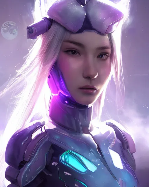 Image similar to perfect android girl, warframe armor, beautiful face, scifi, futuristic, galaxy, nebula, bae suzy, dreamy, long white hair, blue cyborg eyes, cinematic lighting, highly detailed, focused, artstation, divine, by gauthier leblanc, kazuya takahashi, huifeng huang, jama jurabaev