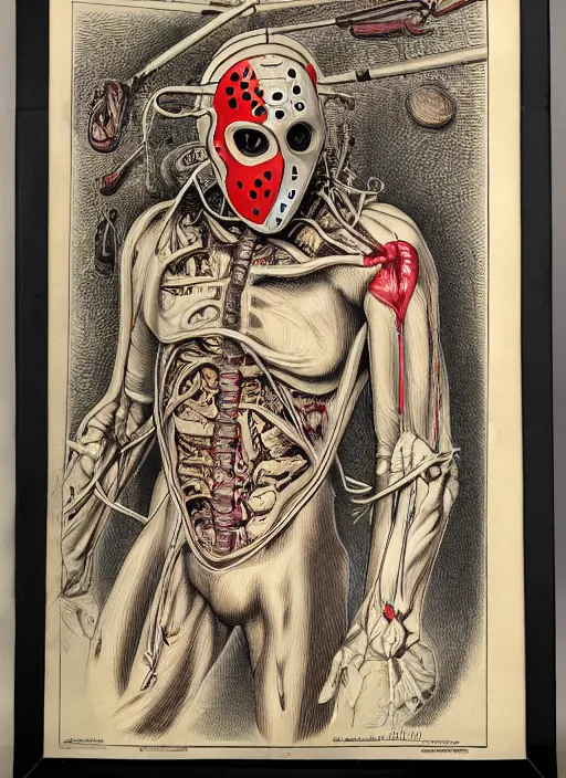 Image similar to vintage medical anatomical illustration of jason voorhees from friday the 1 3 th, highly detailed, labels, intricate writing