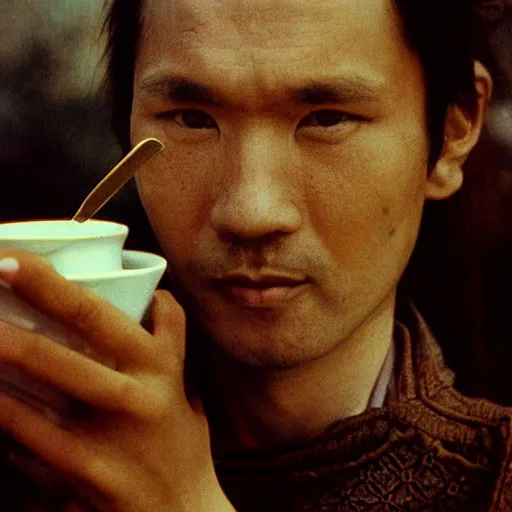 Image similar to a wide full shot, russian and japanese mix 1 9 8 0 s historical fantasy of a photograph taken of the guardian priest has wavy brown hair, medium light brown skin, and coffee - colored eyes, photographic portrait, high - key lighting, warm lighting, overcast flat midday sunlight, 1 9 8 2 life magazine photograph.