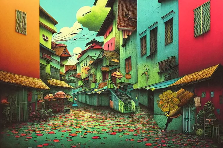 Prompt: surreal glimpse into other universe, penang shophouses, summer morning, very coherent and colorful high contrast, art by!!!! gediminas pranckevicius!!!!, geof darrow, floralpunk screen printing woodblock, dark shadows, hard lighting, stipple brush technique,