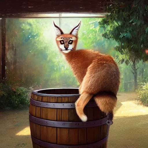 Image similar to a digital art of cute fluffy caracal near a wooden barrel lying at the side, at after noon, green and warm theme, by krenz cushart and mucha and akihito yoshida and greg rutkowski and makoto shinkai, long shot, back lighting, detailed eyes, 4 k resolution, trending on art station