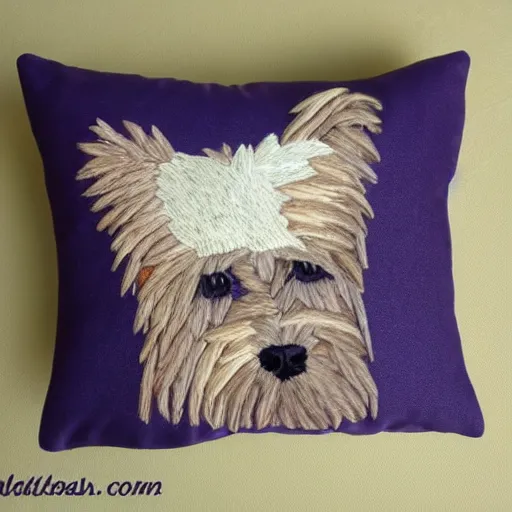 Prompt: maltese terrier embroidered on pillow, photo, realistic