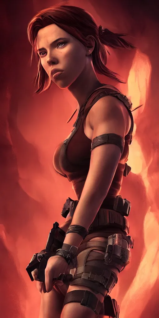 Image similar to Scarlet Johansson as Lara Croft, ambient lighting, 4k, anime key visual, Ross Tran
