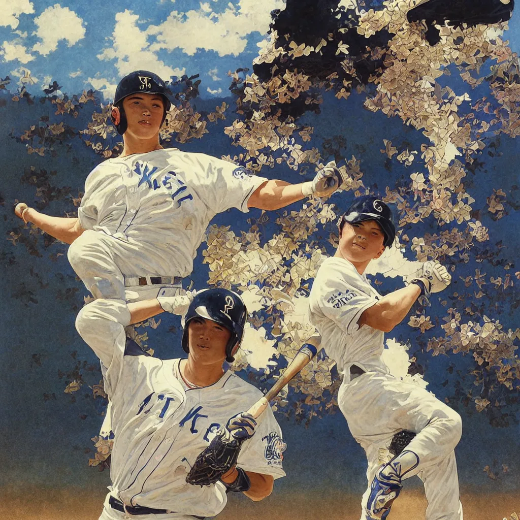 Prompt: poster of young baseball player winning in koshien stadium, blue sky and white clouds, the feeling of summer, intricate, highly detailed, art by greg rutkowski and alphonse mucha, 8 k