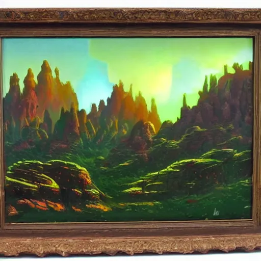 Prompt: alien landscape terrain with mountains and strange plants in the style of Paul Lehr detailed painting