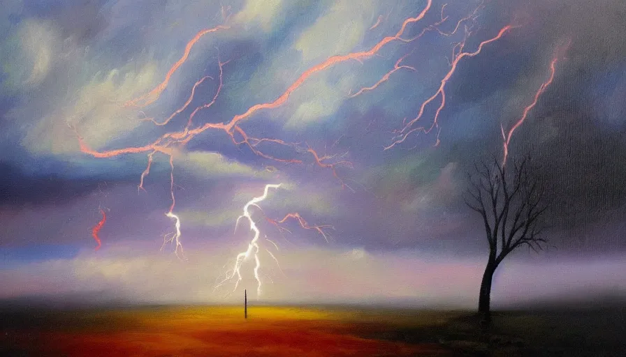 Prompt: A beautiful abstract oil painting of a rainy landscape; lightning; a lonely tree