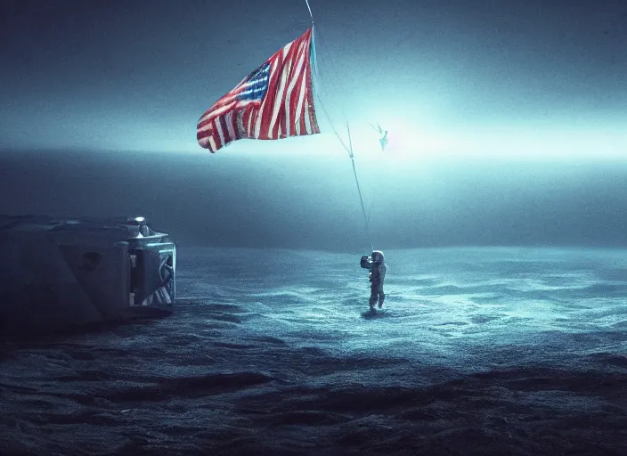 Image similar to astronaut holding a flag in an underwater desert. a submarine is visible in the distance. dark, concept art, cinematic, dramatic, atmospheric, 8 k, trending on artstation, blue, fish, low visibility, fog, ocean floor, christopher nolan, interstellar