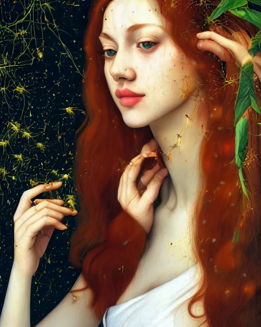 Image similar to a modern looking young woman, among the lights of golden fireflies and nature, long loose red hair, intricate details, green eyes, small nose with freckles, beatiful smiling face, golden ratio, high contrast, hyper realistic digital art by artemisia lomi gentileschi and caravaggio and artgerm.