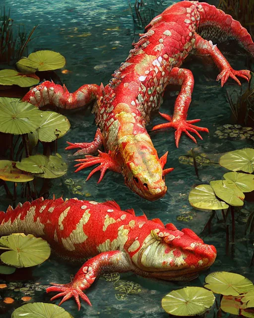 Image similar to game character beautiful giant kaiju sized pond dragon half fish half salamander, wet amphibious skin, red salamander, axolotl creature, koi pond, korean village by Ruan Jia and Gil Elvgren, fullbody