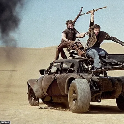 Prompt: The coolest action shot of the lead actor Joe Biden standing on a buggy whirling a leather whip - from the movie Mad Max (1988)