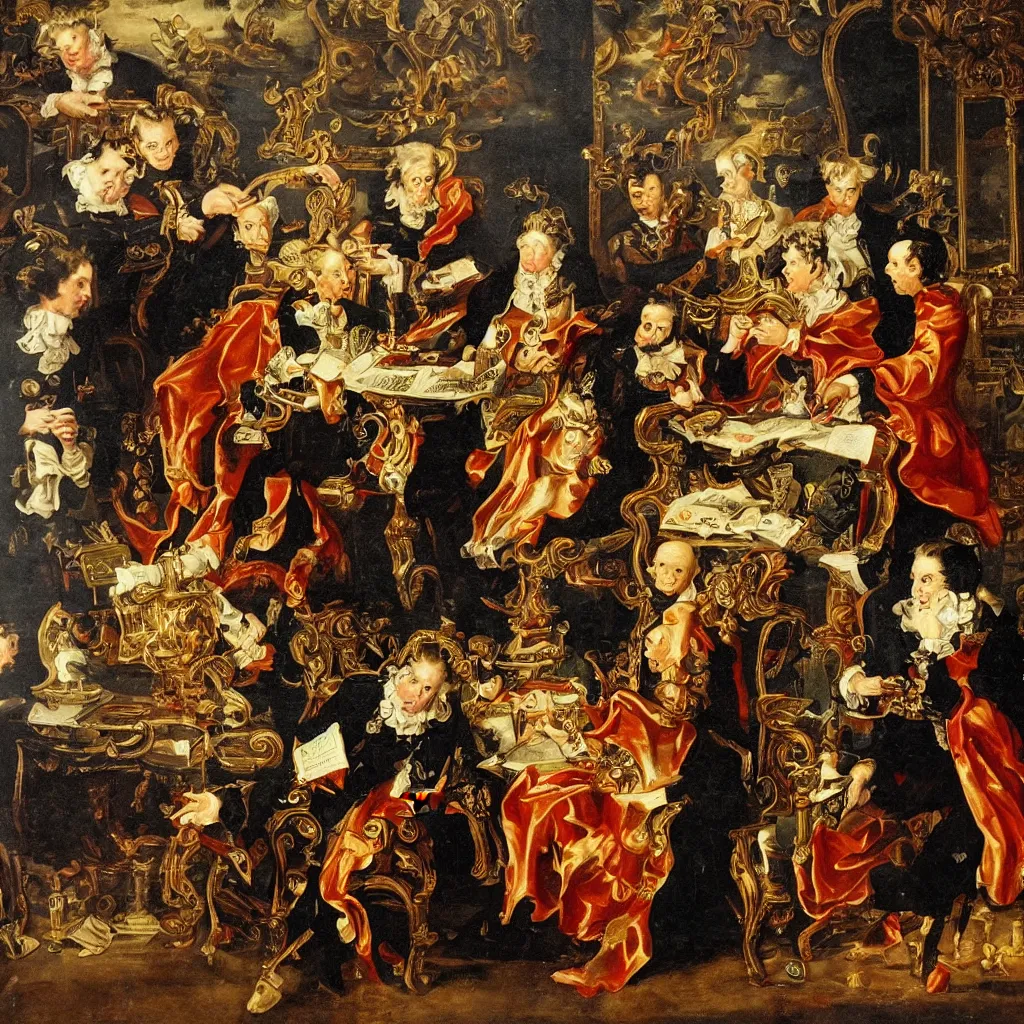 Prompt: Adam Aaron CEO of AMC playing 4D Chess against Evil Shadow Creatures wearing tuxedos. Baroque 17th c.