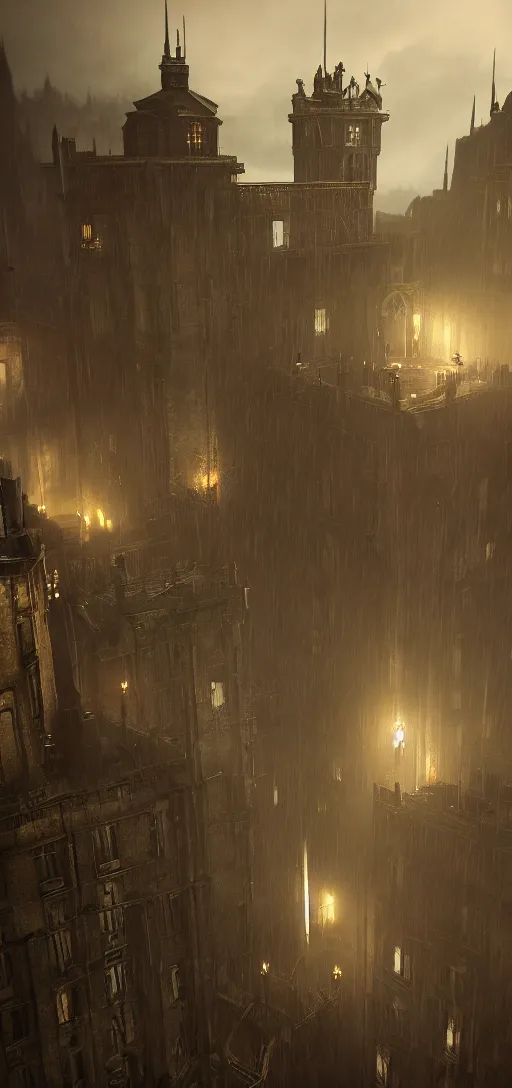 Prompt: dishonored dunwall tower, dishonored aesthetic, cinematic lighting, rainy weather, melancholy atmosphere, artstation, dunwall city, gothic architecture, volumetric light, octane render, dishonored game, dishonored 1, atmosphere or depression and despair