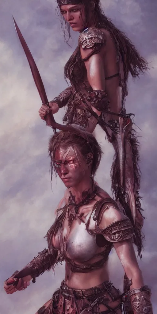 Prompt: beautiful warrior princess covered in sweat by gerald brom, photo realistic, 4 k,