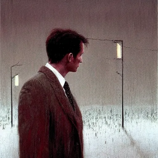 Image similar to patrick bateman standing in the rainy dark streets, portrait, wlop, beksinski and greg rutkowksi, beautiful ambience