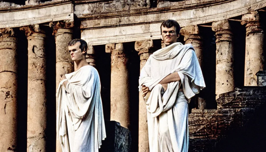 Image similar to 1 9 6 0 s movie still close - up of caligula in a white toga dead on the ancient amphitheater's stairs blood flaque, cinestill 8 0 0 t 3 5 mm, high quality, heavy grain, high detail, dramatic light, anamorphic, blood