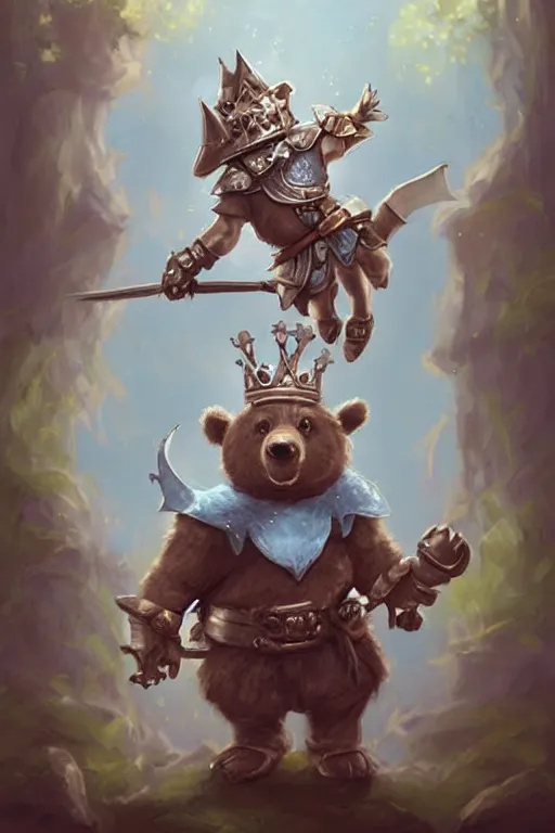 Image similar to cute little anthropomorphic bear knight wearing a cape and a crown, tiny, small, miniature bear, baby animal, short, pale blue armor, cute and adorable, pretty, beautiful, DnD character art portrait, matte fantasy painting, DeviantArt Artstation, by Jason Felix by Steve Argyle by Tyler Jacobson by Peter Mohrbacher, cinematic lighting