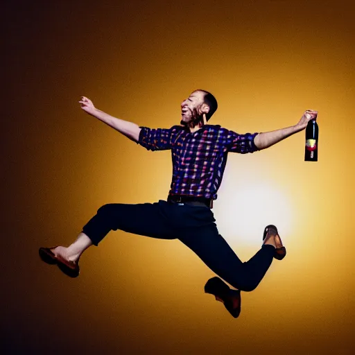 Image similar to a portrait of a man boisterously dancing around the room by himself holding an empty wine bottle as he jumps in the air, fine detail, dramatic lighting, award-winning photo UHD, 4K