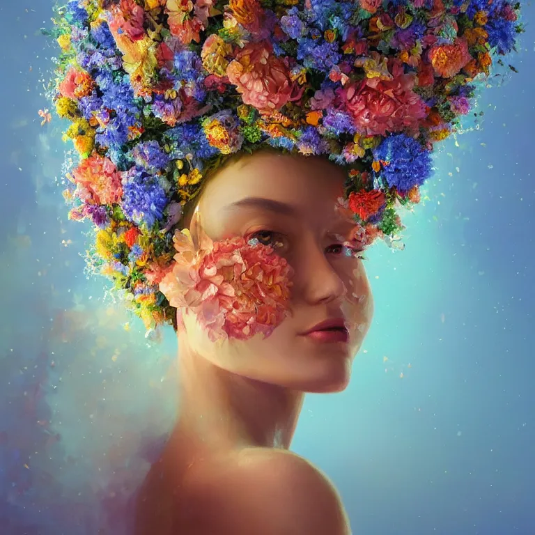 Prompt: a beautiful oil painting hyperrealism of a beautiful woman covered in flower bouquets, floral headdress, 8 k resolution, octane render, trending on artstation, by gediminas pranckevicius, volumetric light 2 blue fractal thunder glow by dan mumford, anaglyph effect, laurie lipton