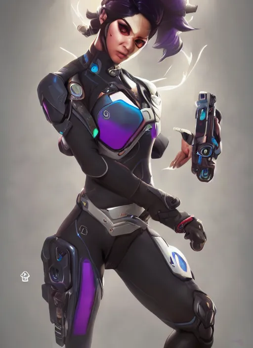 Image similar to character portrait of a fusion of Echo from Overwatch and Widowmaker from Overwatch by ArtGerm and Tom Bagshaw, 4k, highly detailed, cinematic lighting, characters merged