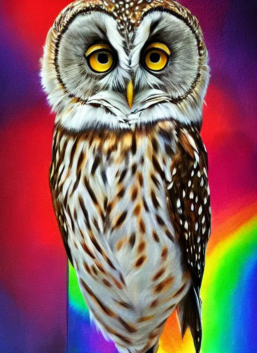 Prompt: realistic portrait beautiful painting of japanese owl, rainbow bird feathers, wearing scarf. full body, fine art, trending on artstation, smooth draw, sharp focus, digital art, bright colors, fine draw, perfect lighting, high render, high resolution.