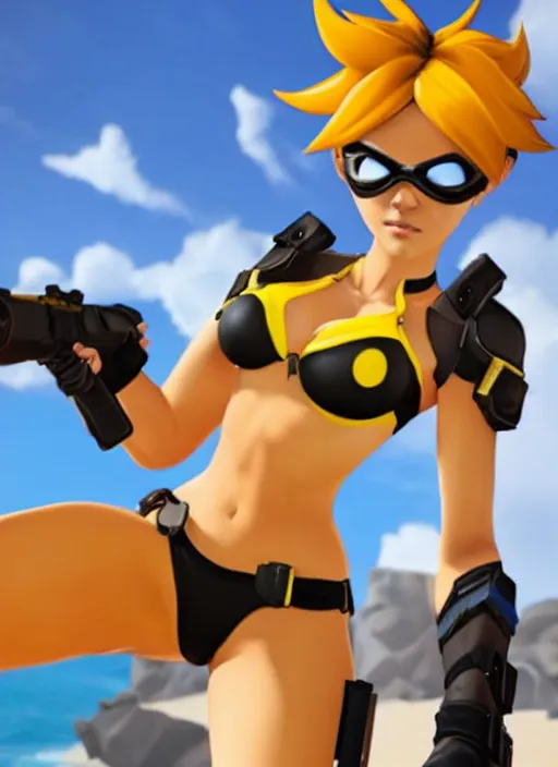 Image similar to tracer game character, in yellow bikini, blonde hair, black eyes, full height
