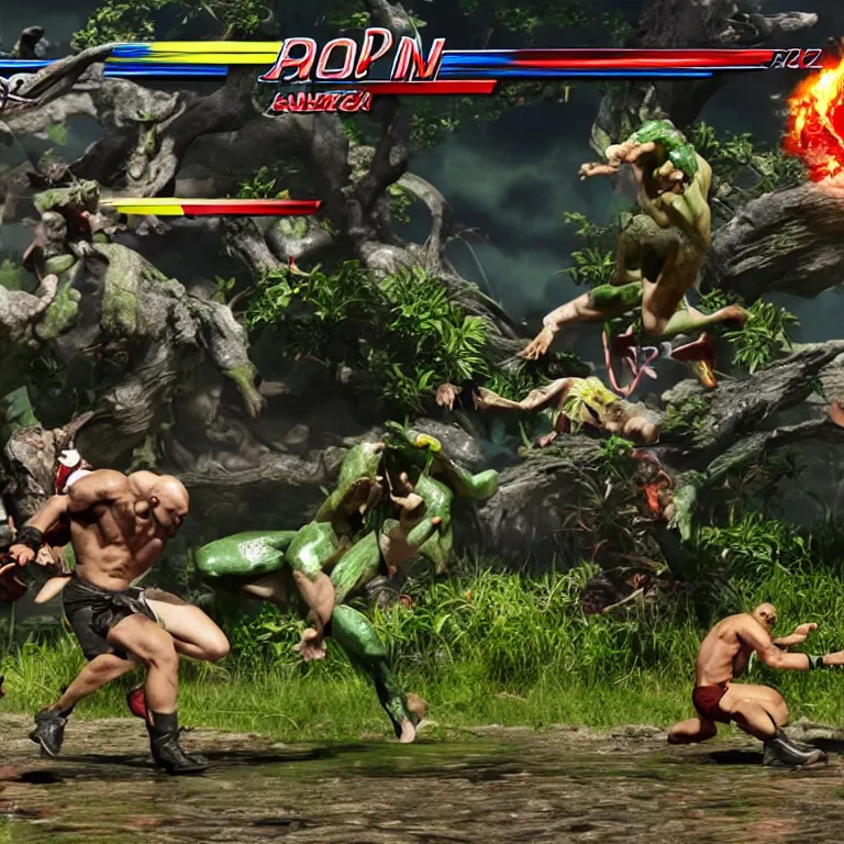 Prompt: Bald Tekken 7 Hyperbattle in the frog swamp of doom. Realistic muscular men battling to the death in this korean arcade game.