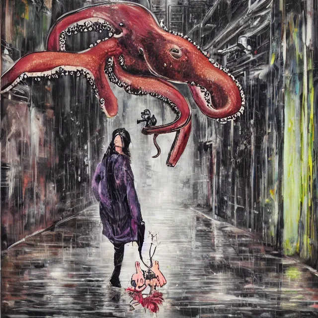 Image similar to a portrait in a dark laneway, a woman holding a piglet, streetlamps, wet, puddles, wild berries, rats, ikebana, octopus, neo - expressionism, surrealism, acrylic and spray paint and oilstick on canvas