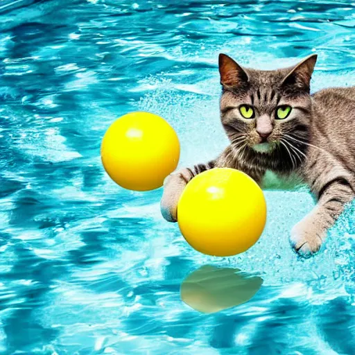 Image similar to cat with floating bouy enjoying a swim at the pool