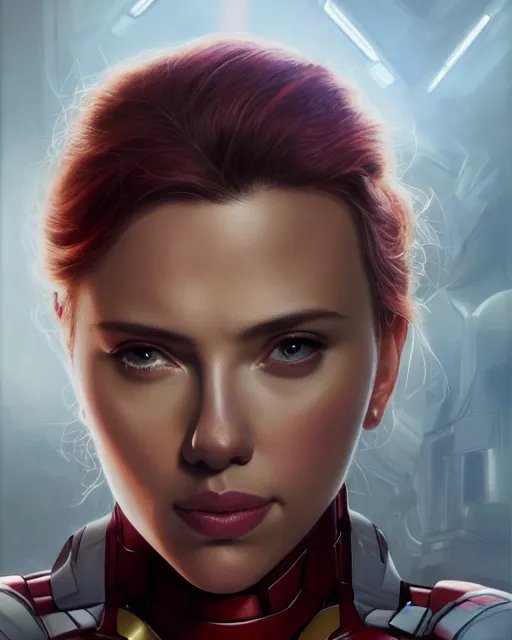 Image similar to 5 5 mm portrait photo of scarlett johansson as iron man. magical atmosphere. art by artgerm and greg rutkowski. highly detailed 8 k. intricate. lifelike. soft light. nikon d 8 5 0.