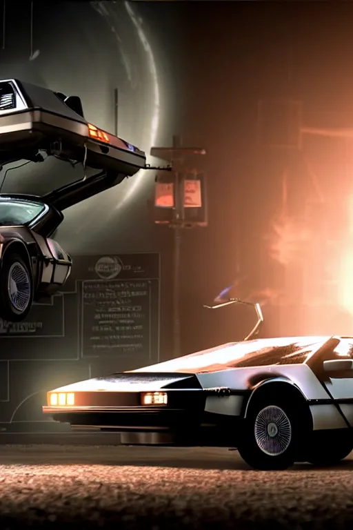 Image similar to photograph of the delorean from back to the future in half life 2, dark room, cinematic, volumetric lighting, hyperdetailed photograph