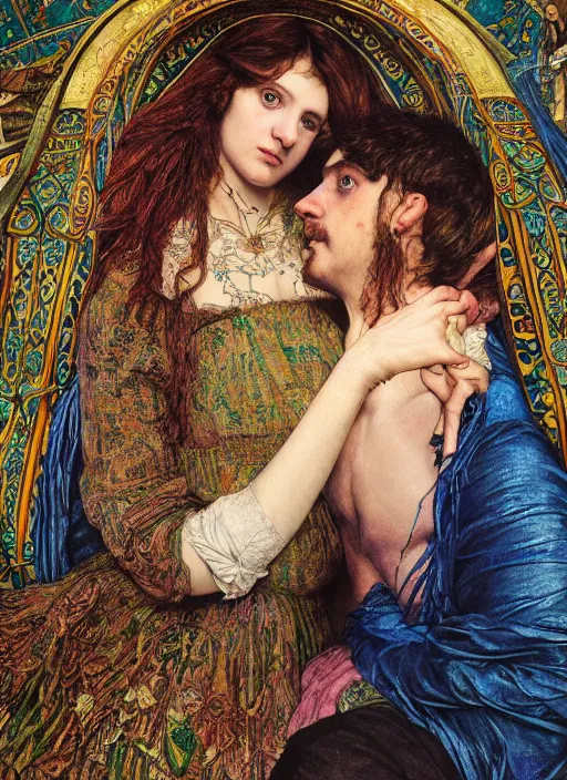 Prompt: detailed colourful masterpiece of intricate preraphaelite photography couple portrait sat down extreme closeup, love, inside an underwater train, detailed realistic expressions, wearing unusual clothes, by ford madox brown and william powell frith and frederic leighton and john william waterhouse and greg hildebrandt and william morris, ultra wide angle