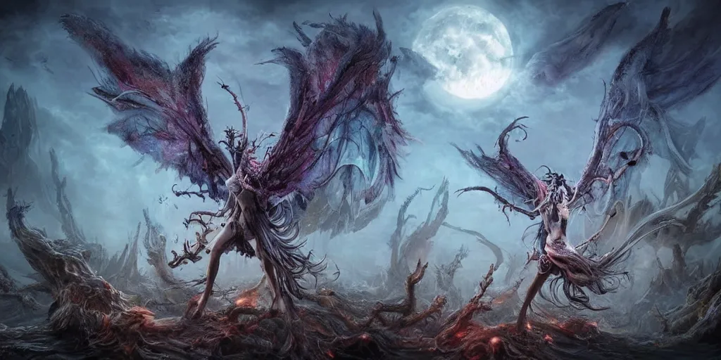 Prompt: concept art of giant mutant fairy attack, lovecraftian, lots of teeth, melting horror, wings made of fluffy feathers, round moon, rich clouds, fighting the horrors of the unknown, high resolution, very detailed, roaring, volumetric light, mist, grim, fine art, decaying, textured oil over canvas, epic fantasy art, very colorful, ornate
