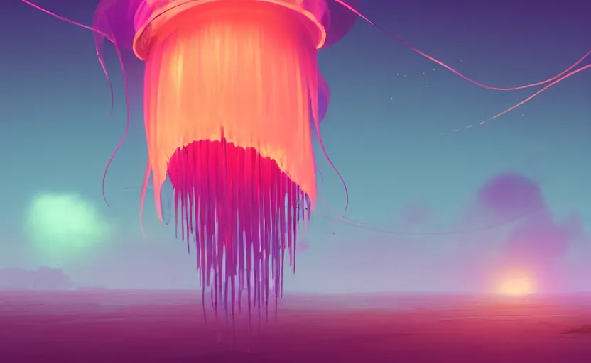 Image similar to floating luminescent jellyfish in an open landscape, Low level, rendered by Beeple, Makoto Shinkai, syd meade, simon stålenhag, environment concept, synthwave style, digital art, unreal engine, WLOP, trending on artstation, 4K UHD image, octane render,