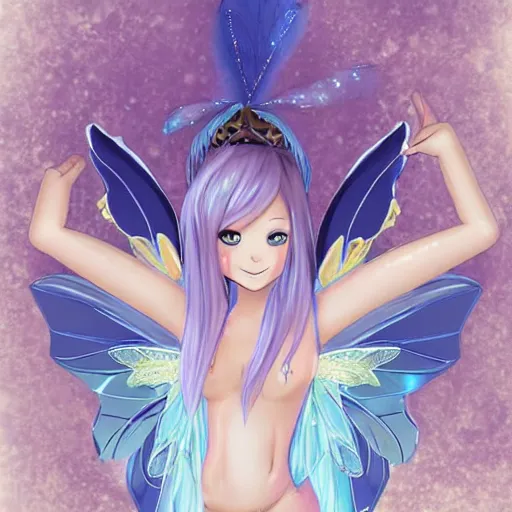 Prompt: very very very beautiful fairy princess with fairy wings, bare midriff, one foot raised off the ground, full body portrait, eye contact, smiling, flirty, perfect face, perfect body, drawn by sakimichan