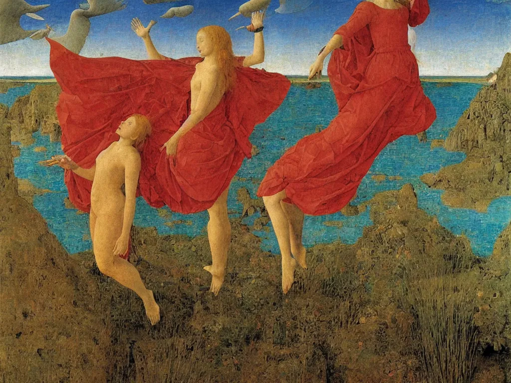 Image similar to Terrifying angel separating the waters in two. Coral-like pebbles, autumn light. Painting by Jan van Eyck, Fra Filippo Lippi, Rene Magritte, Jean Delville, Max Ernst