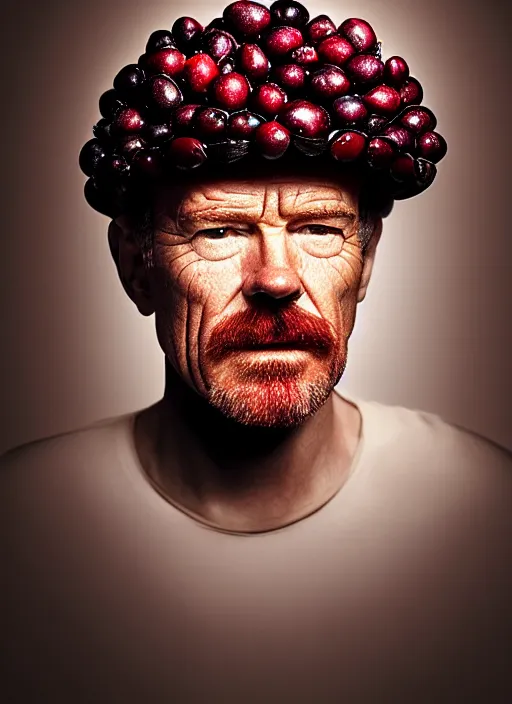 Image similar to cranberries fused with bryan cranston, red berry skin, cranberry helmet, studio light, bloom, detailed face, magazine, press, photo, steve mccurry, david lazar, canon, nikon, focus