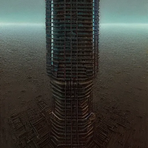 Prompt: cybernetic symbiosis periscope skyscraper, artstation, art by beksinski, unreal engine