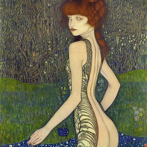 Prompt: Hannah Fierman with beautiful clear defined face and body as a gothic victorian woman standing in front of a lake near an ominous forest. Junji Ito, Gustav Klimt, sharp focus, HR Giger