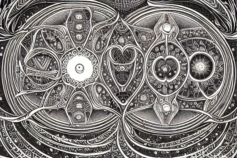 Image similar to an ornate illustration in the styles of mandalas and fractals, the styles of escher and penrose, depicting a weasel staring deep into the heart of the impossible all - and - nothing of the emerging technological singularity ; / what has god wrought? / he seems to be whispering.