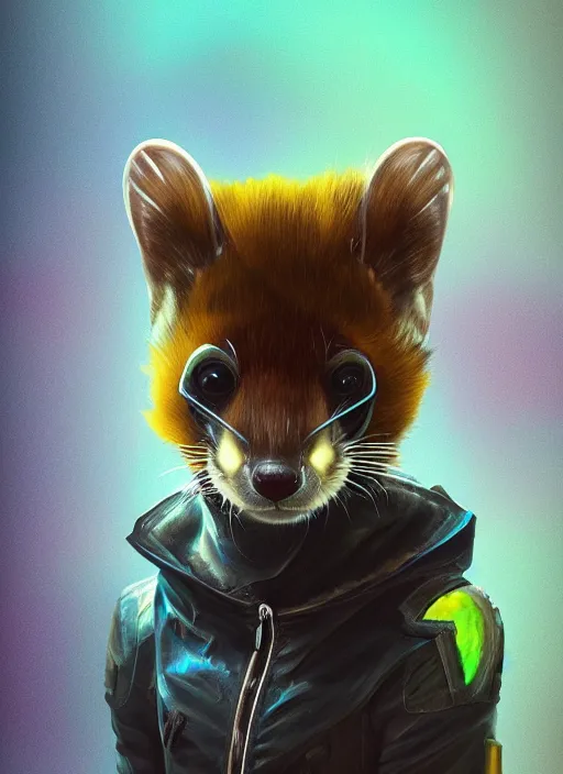 Prompt: cyberpunk anthropomorphic ferret pine marten, with mohawk, wearing leather jacket, medium shot portrait, digital painting, trending on ArtStation