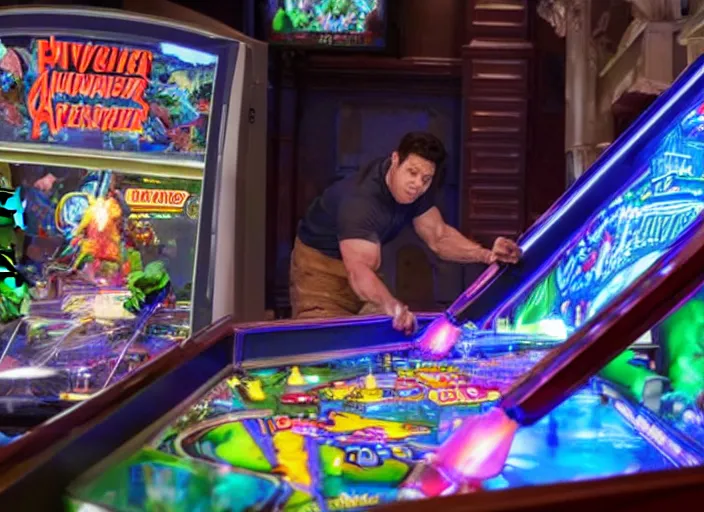 Image similar to film still of hulk playing pinball in the new avengers movie, 4 k