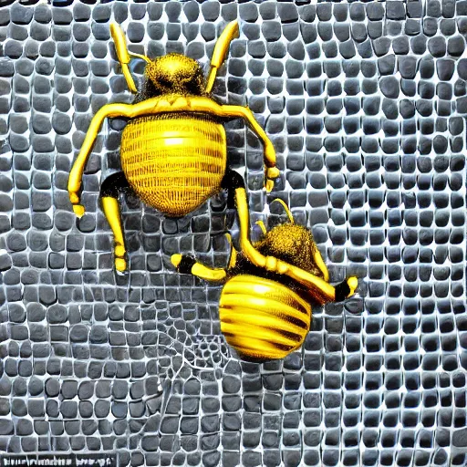 Image similar to portrait of two 3d bees made of metal, shiny, singing onstage into one microphone like Paul McCartney and George Harrison