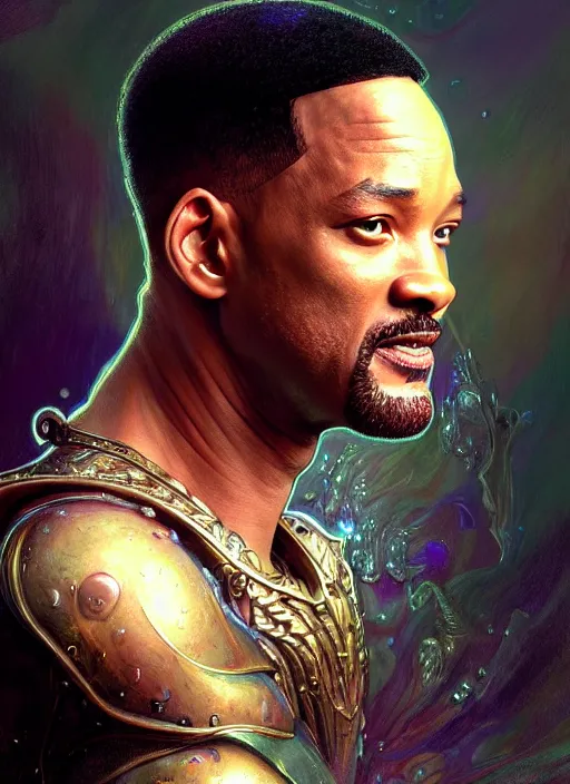 Image similar to portrait of will smith, d & d, wet, shiny, fantasy, intricate, elegant, hyper detailed, ultra definition, photoreal, artstation, unreal engine rendered, concept art, smooth, sharp focus, illustration, art by artgerm and greg rutkowski and alphonse mucha and garis edelweiss