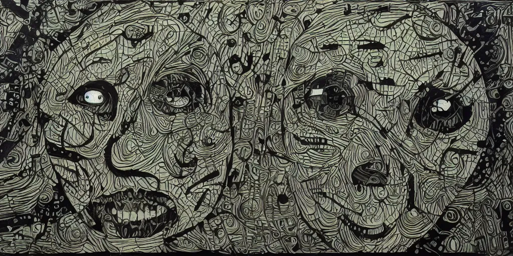 Image similar to camo of lines, technical, acrylic, teeth, eerie, tribal, clay, dots, lines, stipple, points, grid, cybernetic, old painting, swirly eyes, hypnosis