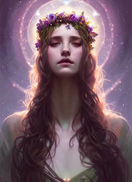 Image similar to a beautiful cinematic female druid goddess, flower Crown, galatic shamen with Quantum energy fantasy, fantasy magic, undercut hairstyle, dark light night, intricate, elegant, sharp focus, illustration, highly detailed, digital painting, concept art, matte, art by WLOP and Artgerm and Greg Rutkowski and Alphonse Mucha, masterpiece